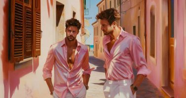 hombre viste de rosa